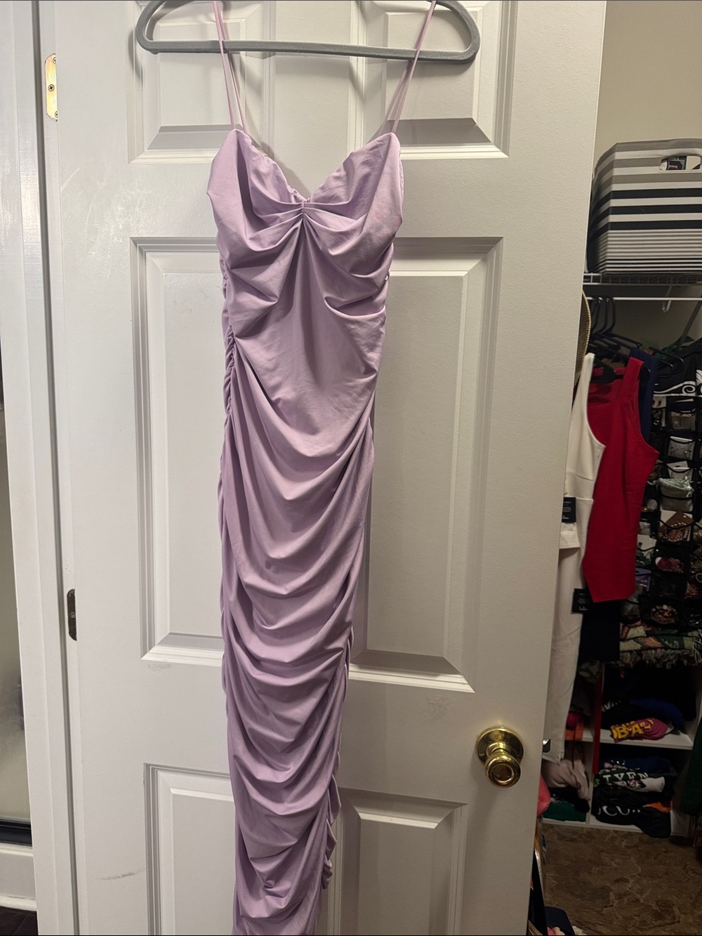 Elegant Lilac Ruched Spaghetti-Strap Dress